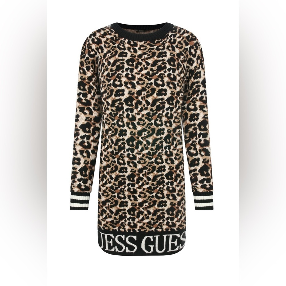 GUESS Leopard Print Sweater Dress Long Sleeve Logo Hem Size 8